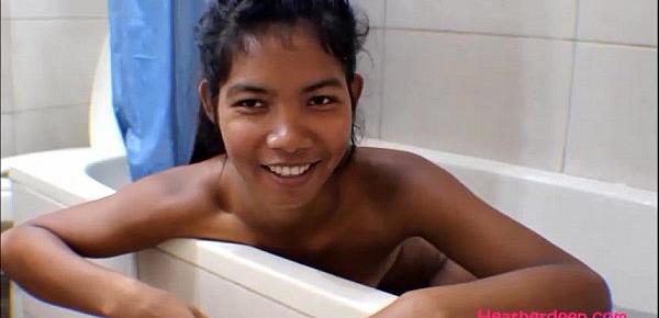  Tiny Thai Teen Heather Deep gives deepthroat and get asshole anal broken in shower with anal creampi